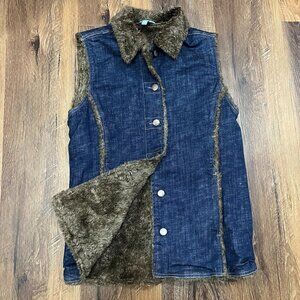 Vintage Y2K Denver Hayes XS Faux Fur Lined Long Denim Jacket Tunic Vest Y2K XS